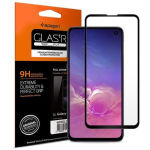   Samsung Galaxy S10e SM-G970, Kijelzővédő fólia, ütésálló fólia (az íves részre is!), Tempered Glass (edzett üveg), 3D Full Cover, Spigen Glastr Slim Full Cover, fekete